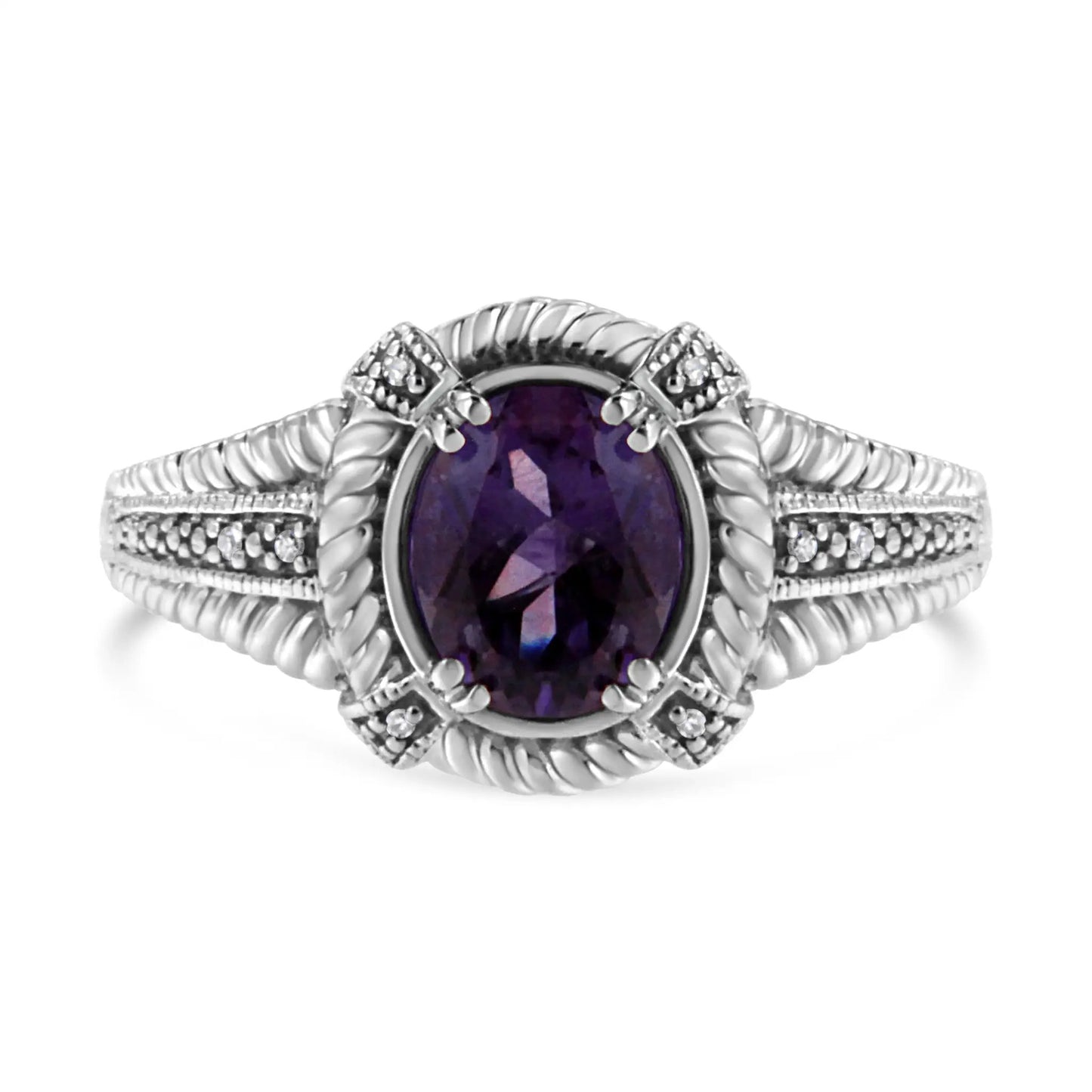 Ring Sterling Silver Purple Amethyst Solitaire with Diamond Accents rope-set band size 7 on Tampa Home & Garden Store