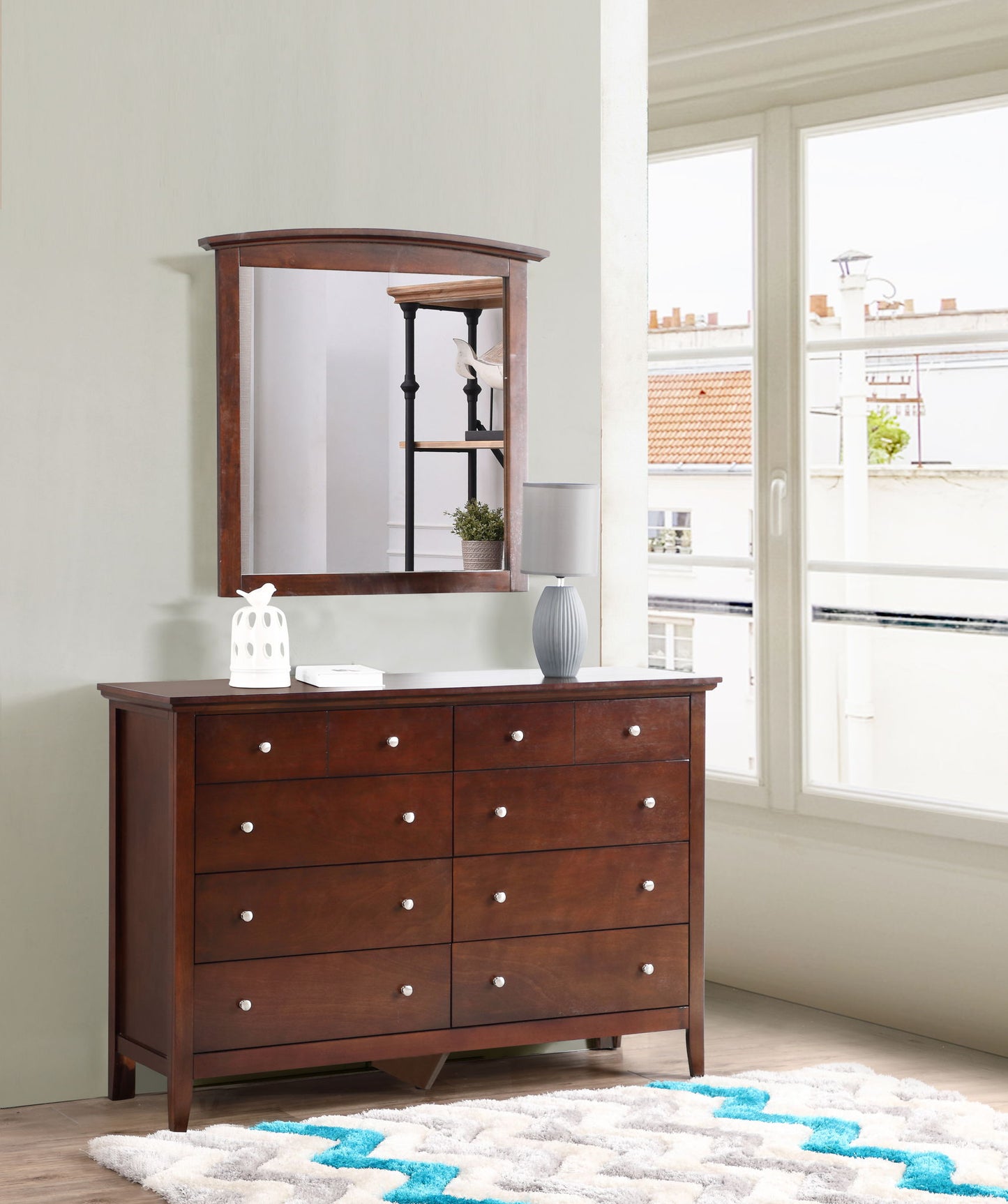 Hammond Elegant Casual Dresser by Unique Piece Furniture in dark wood with arched mirror cabinet on Tampa Home & Garden Store
