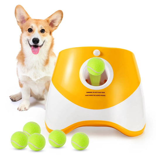Durable electric interactive dog ball launcher by VIP Digital Presence, yellow and white with neon tennis ball on Tampa Home & Garden Store