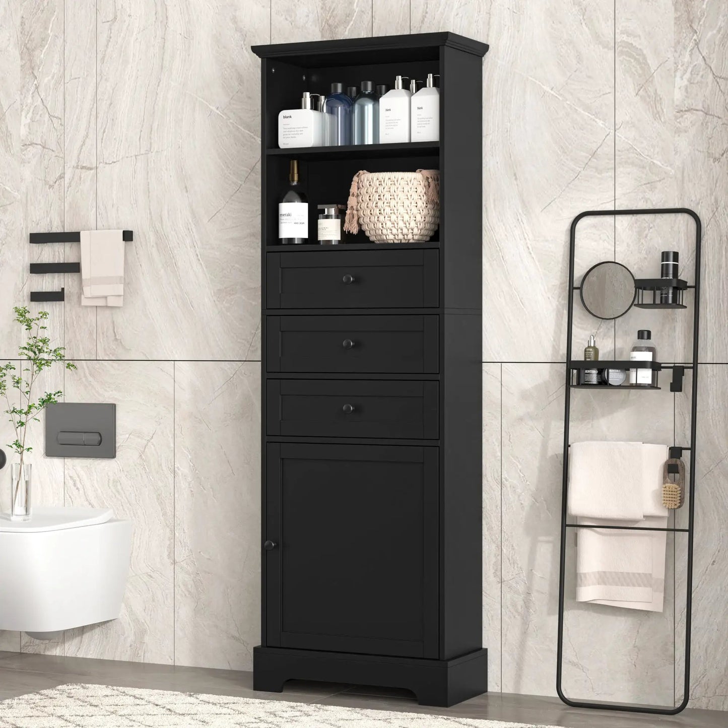 Black tall bathroom storage cabinet with 3 drawers and shelf with bottles and woven basket on Tampa Home & Garden Store