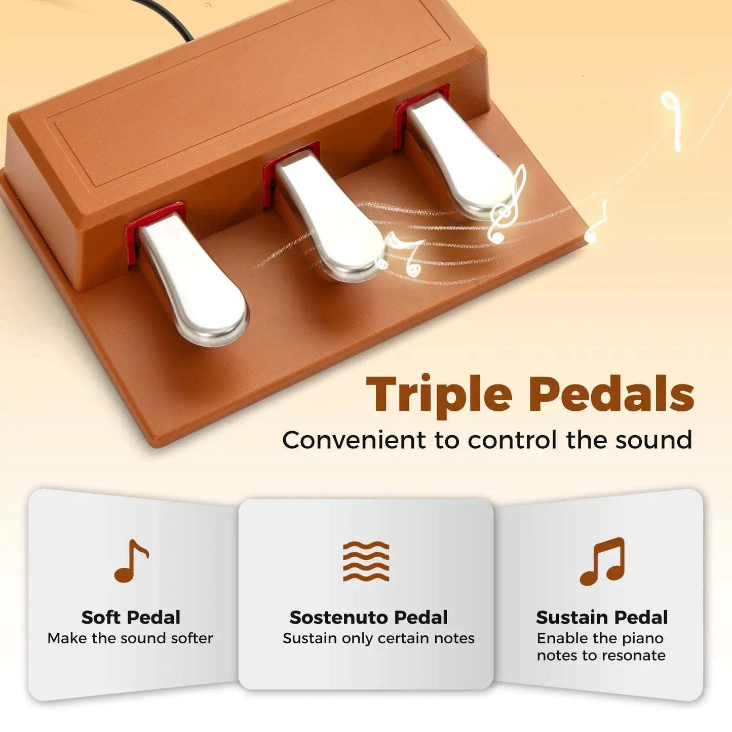 Brown triple-pedal piano pedal unit with silver pedals for digital pianos on Tampa Home & Garden Store