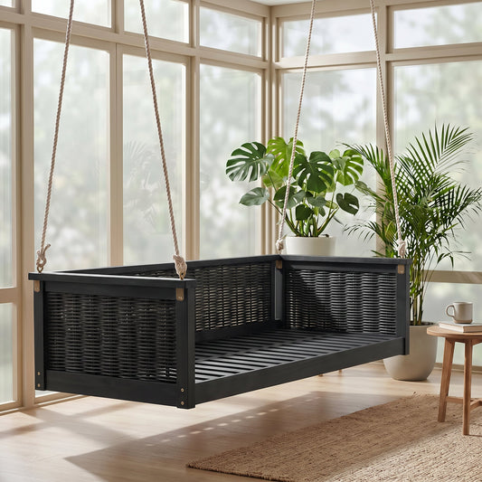 TOPMAX Outdoor Classic Solid Wood Twin Swing Bed with black wicker panels and rope suspensions on Tampa Home & Garden Store