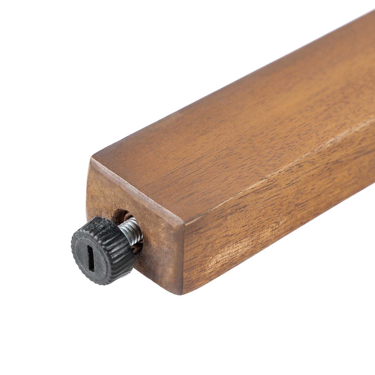 Outdoor dining chair leg in warm acacia wood with visible grain and a black caster on Tampa Home & Garden Store