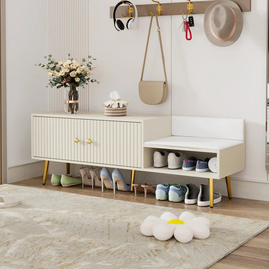 Modern Shoe Storage Bench with Hidden Storage in beige with grooved doors and gold legs on Tampa Home & Garden Store