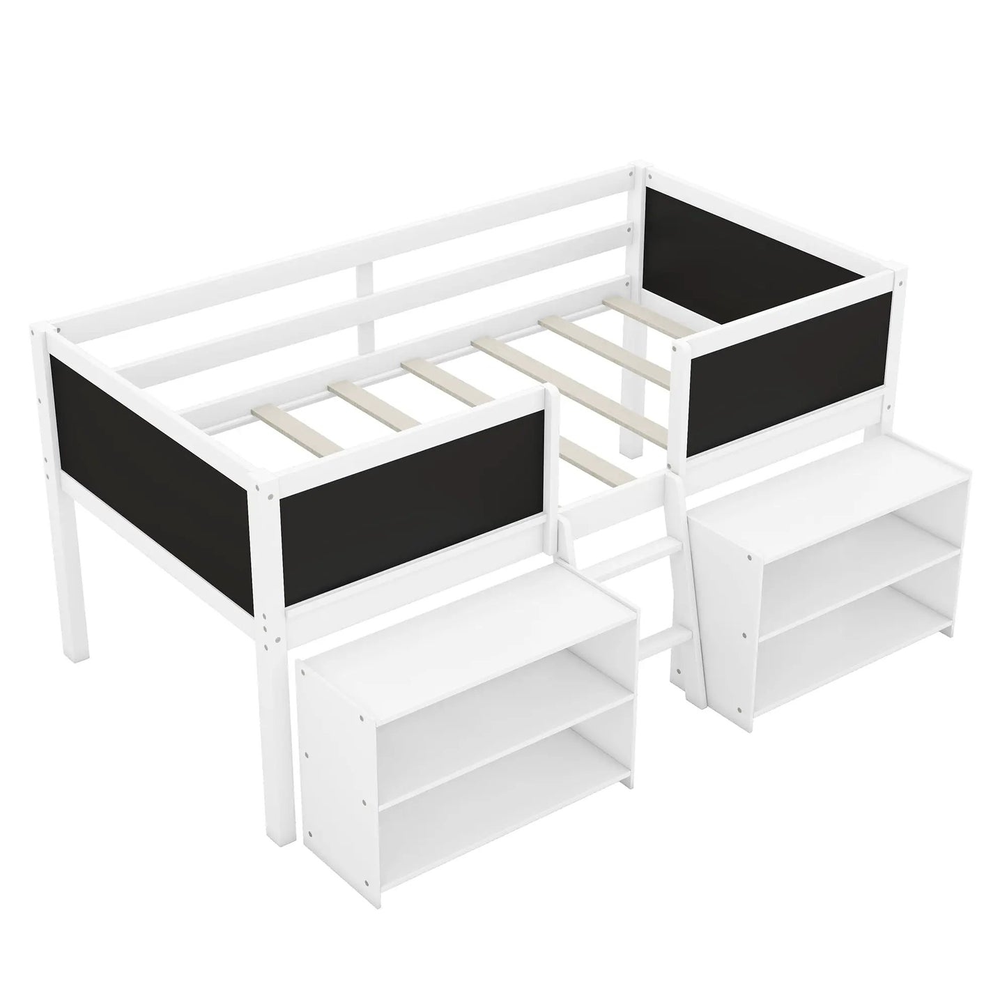 Cama baja tipo loft individual con dos estantes móviles y escalera, con pizarra decorativa en la barandilla, blanca