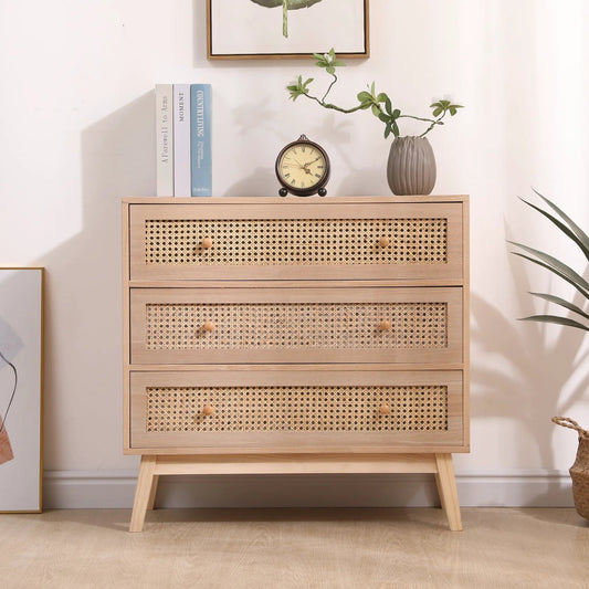 Natural rattan 3-drawer cabinet with cane-front panels in light wood finish on Tampa Home & Garden Store