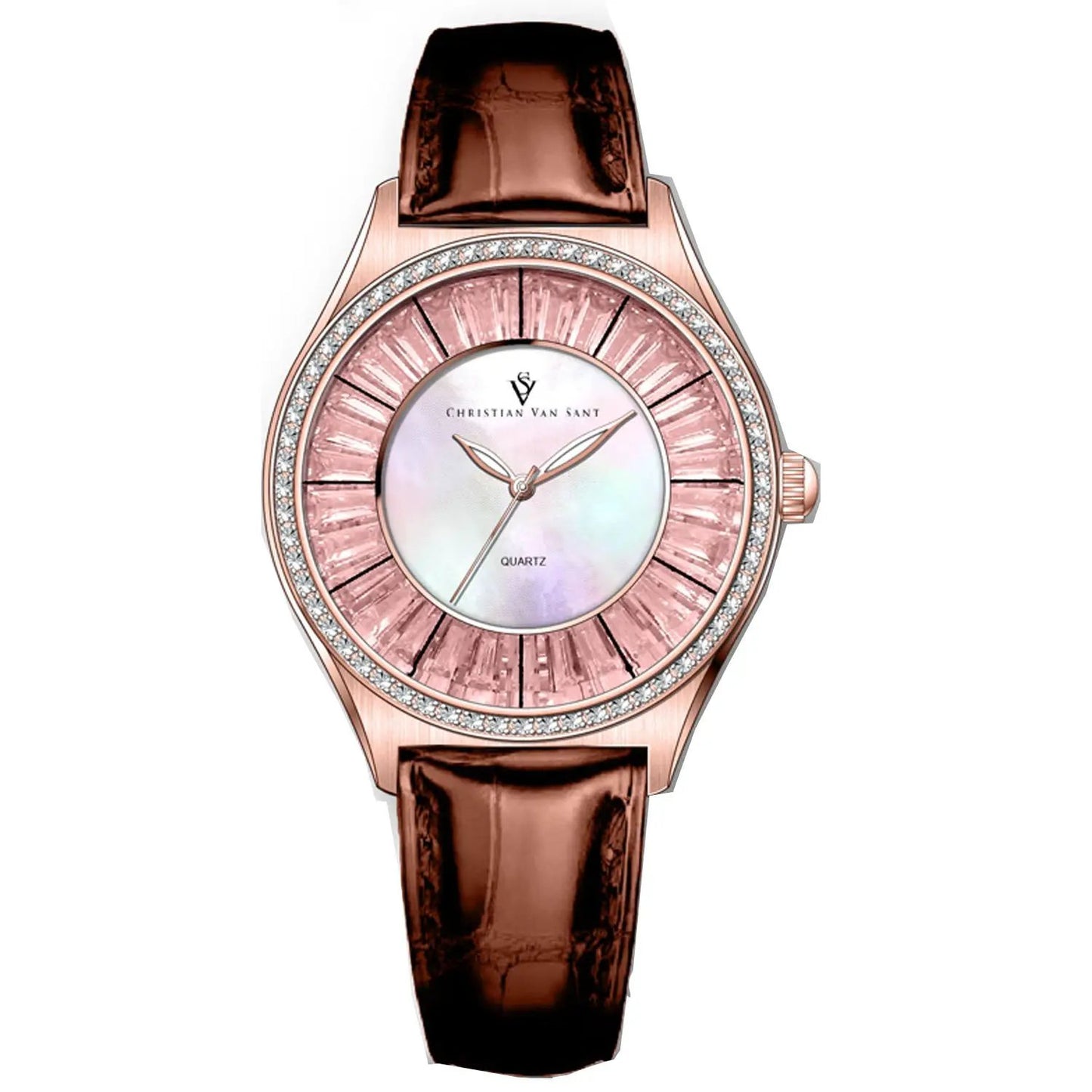 Christian Van Sant Luna watch, rose-gold case, crystal bezel, iridescent dial, leather strap on Tampa Home & Garden Store