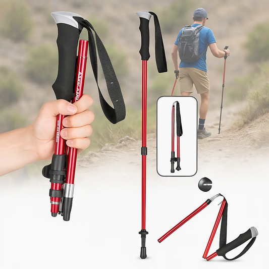 Two red Moktan Sabai adjustable foldable hiking poles with wrist straps on Tampa Home & Garden Store