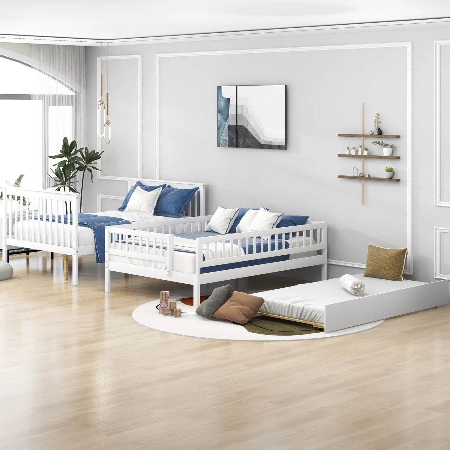 Two white full-over-full bunk bed frames with blue bedding in a modern kids room on Tampa Home & Garden Store