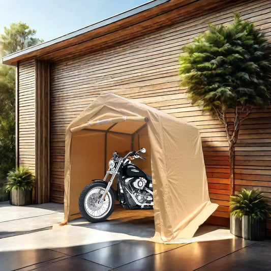 Gazebo storage shed carport, 7x8 ft, beige fabric enclosure sheltering a motorcycle on Tampa Home & Garden Store
