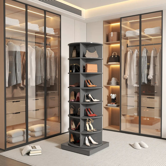 360 Gray rotating shoe cabinet with 7 tiers in a glass-front wardrobe closet on Tampa Home & Garden Store