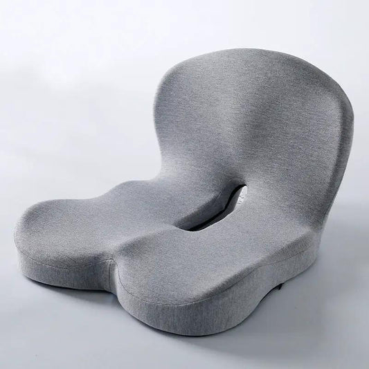 Memory Foam Back Cushion in gray fabric with ergonomic two-lobed shape for office chair and car on Tampa Home & Garden Store