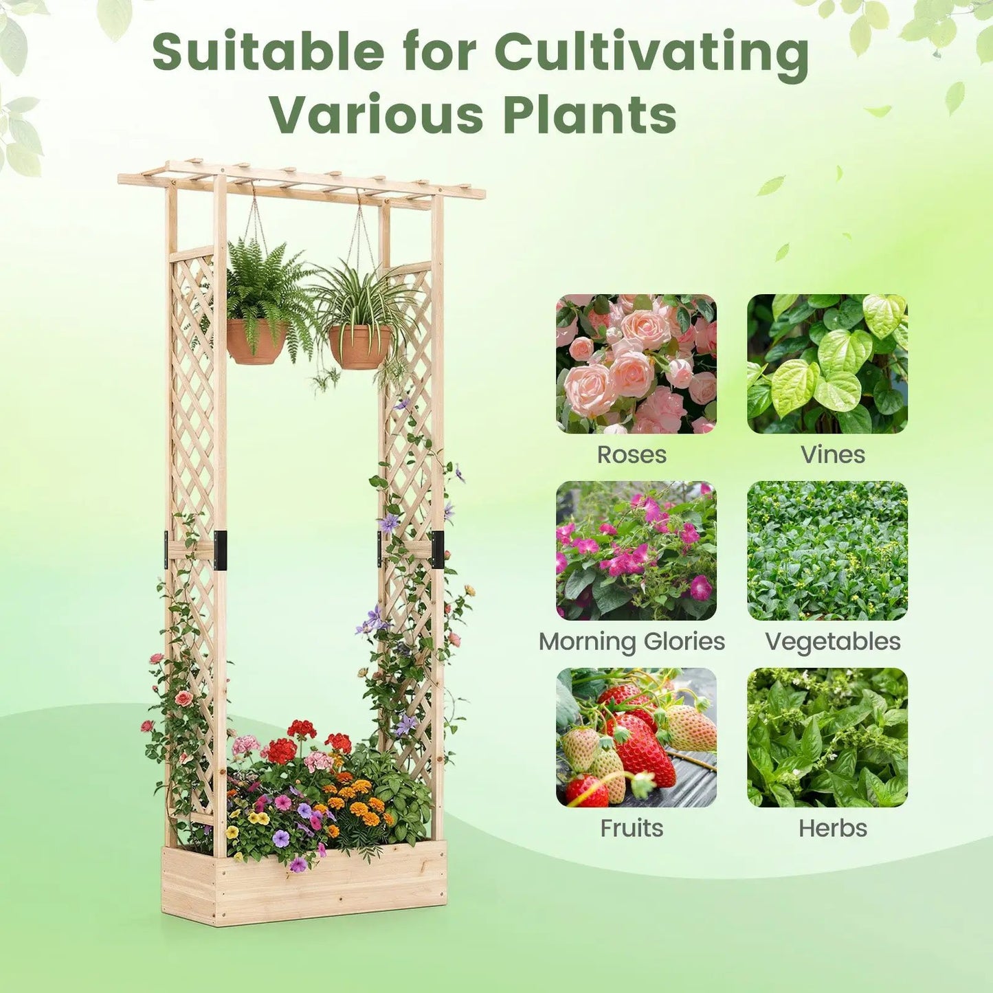 Tall wooden raised garden bed with side lattice trellis and hanging planters by DirectDeals on Tampa Home & Garden Store