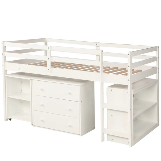 Low Study Twin Loft Bed With Cabinet Desk in white, includes drawers and ladder on Tampa Home & Garden Store