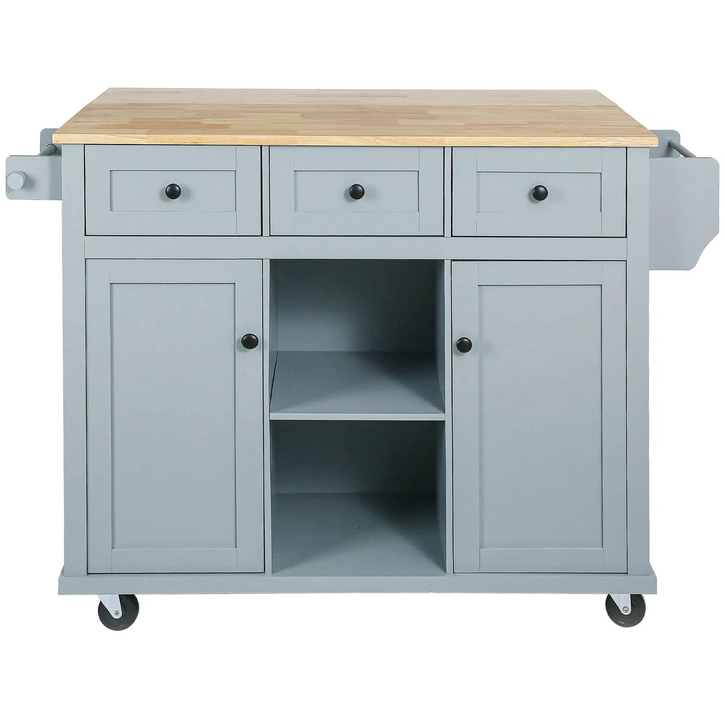 Kitchen cart with rubber wood countertop, blue-gray finish, three front drawers, caster wheels on Tampa Home & Garden Store