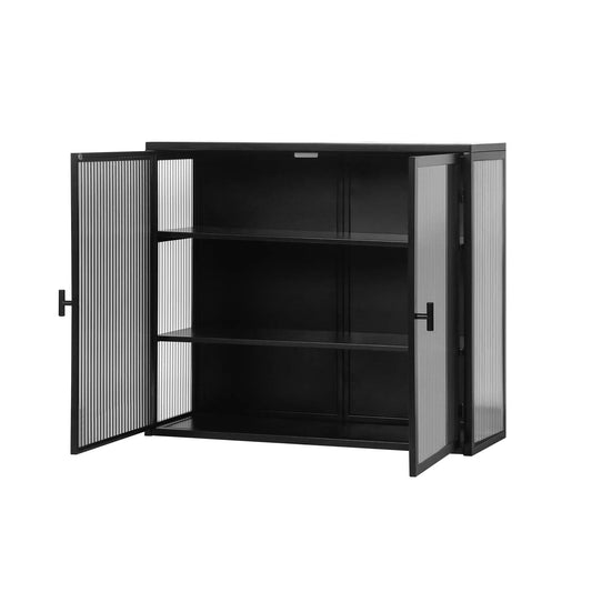 Black glass-door wall cabinet with three-tier interior and ribbed side panels on Tampa Home & Garden Store