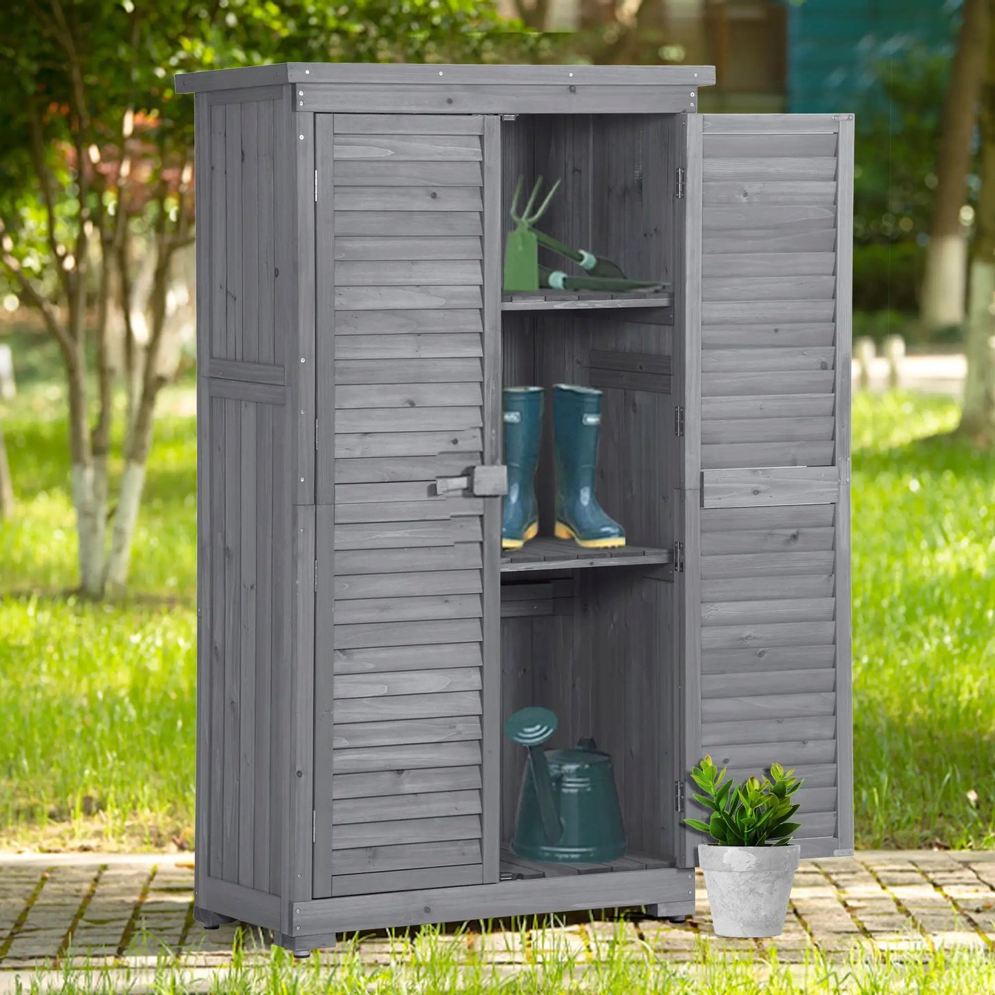 Wooden Garden Shed 3-tier Patio Storage Cabinet Outdoor Organizer Wooden Lockers with Fir Wood (Gray Wood Color -Shutter Design) - Tampa Home & Garden Store