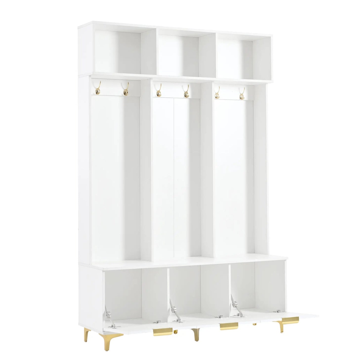 White and gold modern hall tree with bench, cubby shelves and gold hooks on Tampa Home & Garden Store
