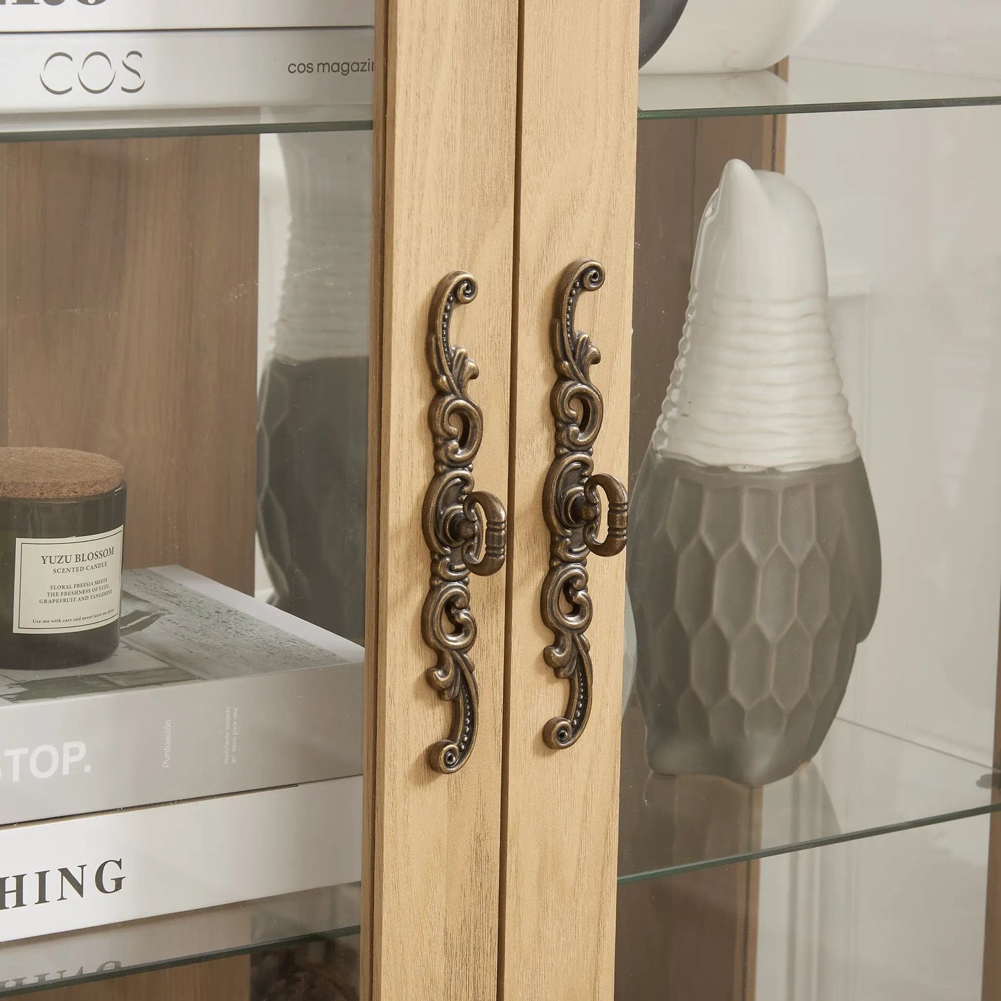 Oak dual door curio cabinet with tempered glass doors and bronze handles; tall display cabinet on Tampa Home & Garden Store