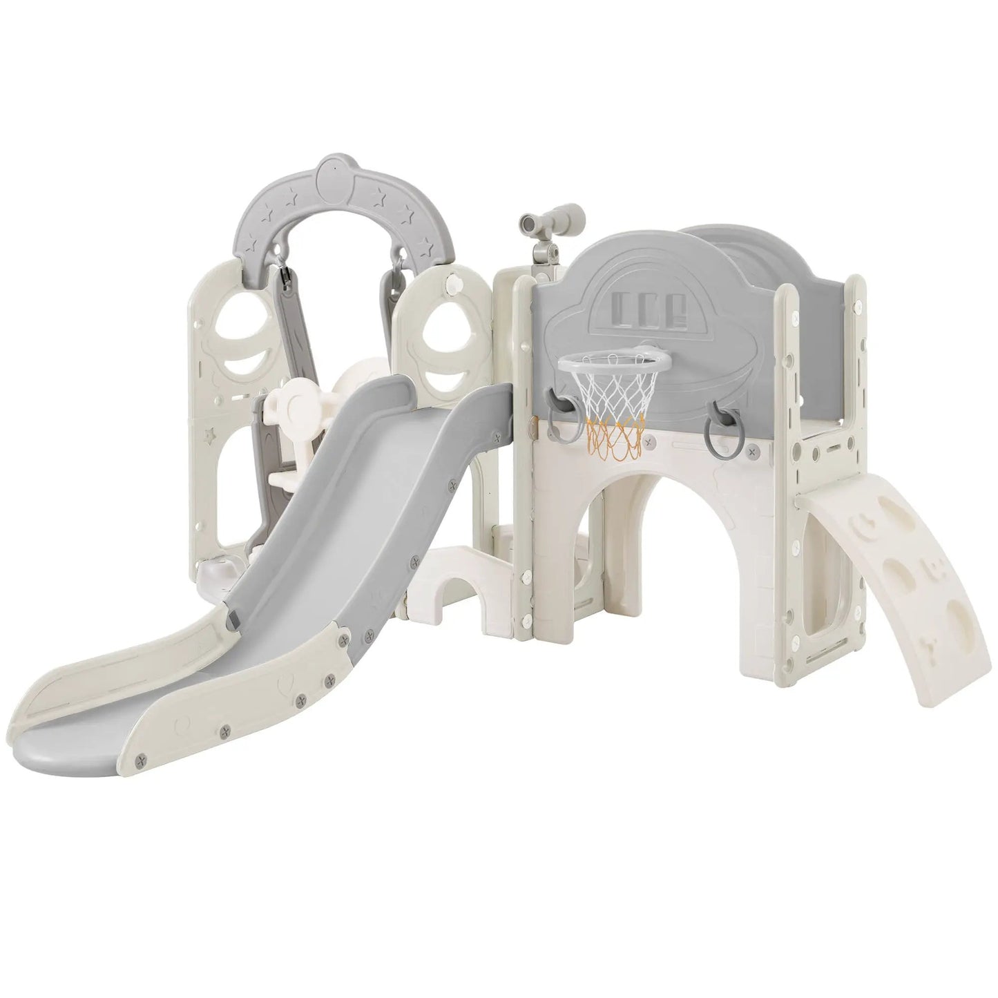 Toddler 7-in-1 slide and swing playset in gray-beige plastic with slide and basketball hoop on Tampa Home & Garden Store