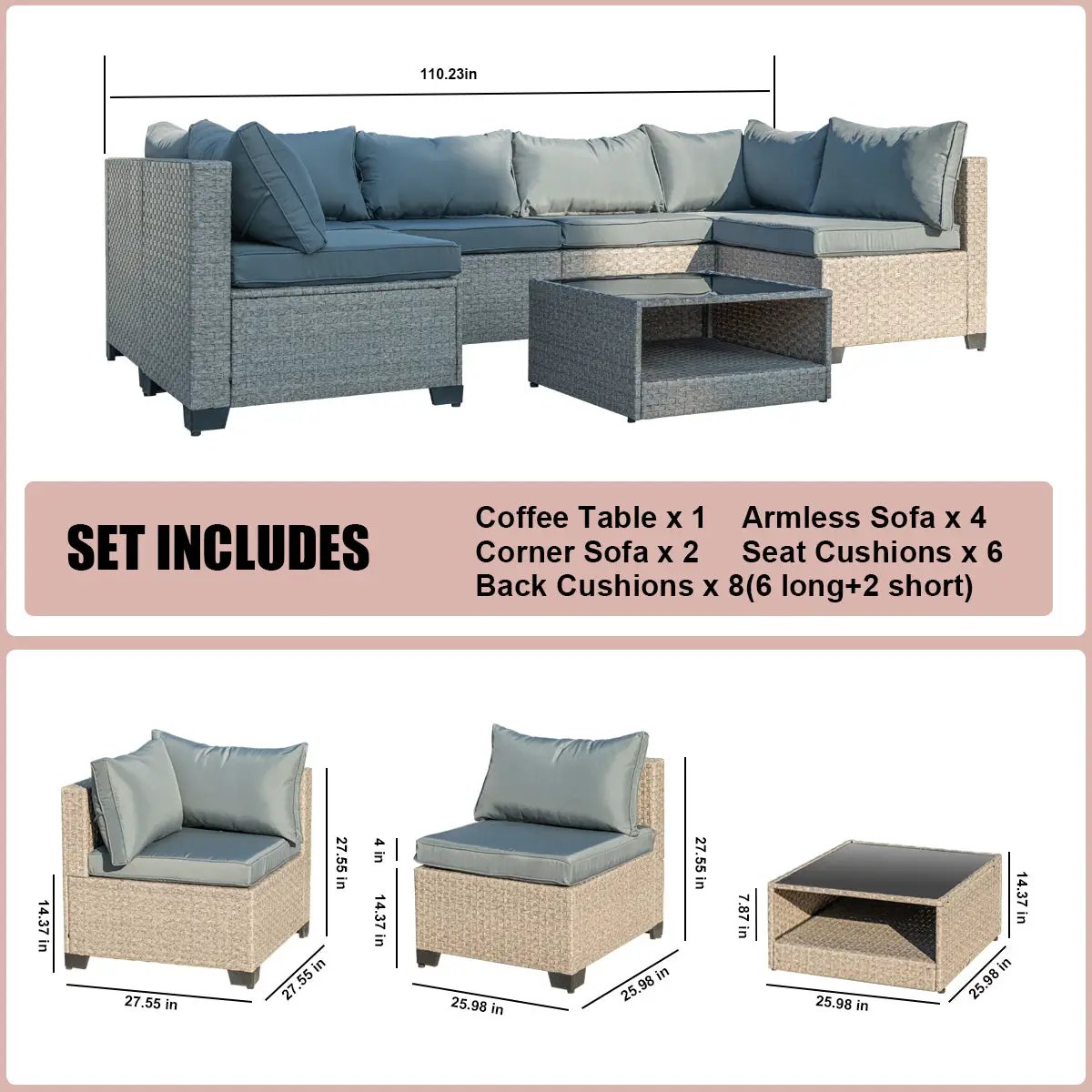 7 Piece Patio Furniture Set All Weather Boho in gray wicker with blue cushions; includes 2 corner sofas, 4 armless sofas, glass-top coffee table on Tampa Home & Garden Store