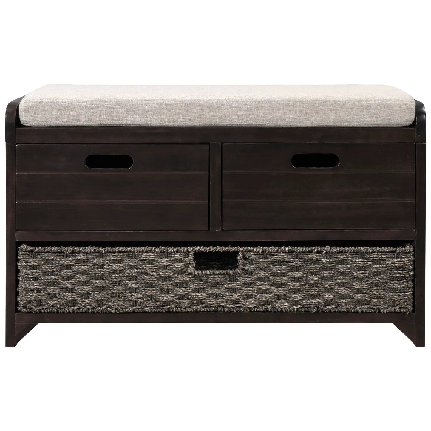 Trexm Storage Bench with Drawers and Basket in dark wood with beige cushion on Tampa Home & Garden Store