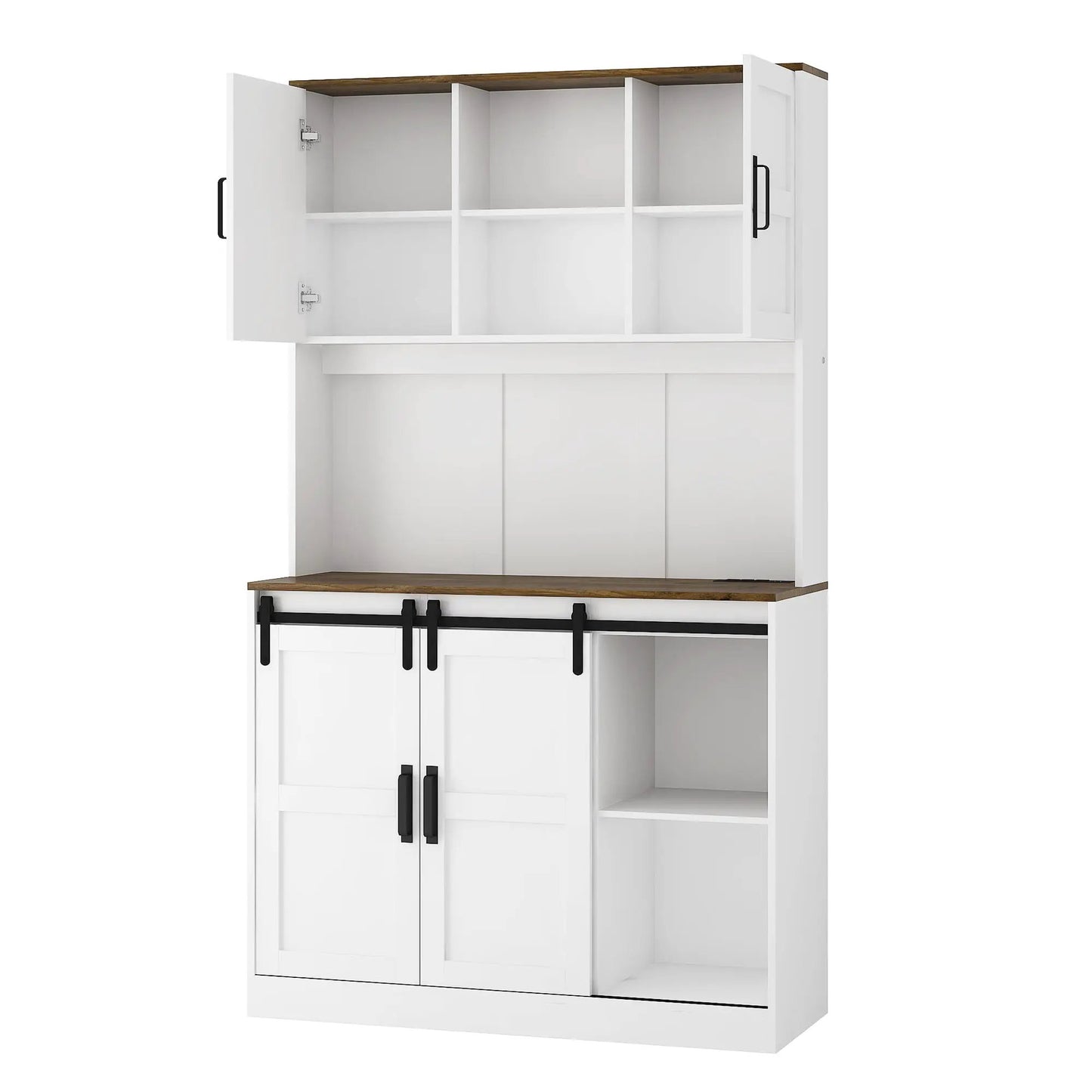 Farmhouse Bar Cabinet with Sliding Barn Door, white finish, wood top, open cubby shelves, black hardware on Tampa Home & Garden Store