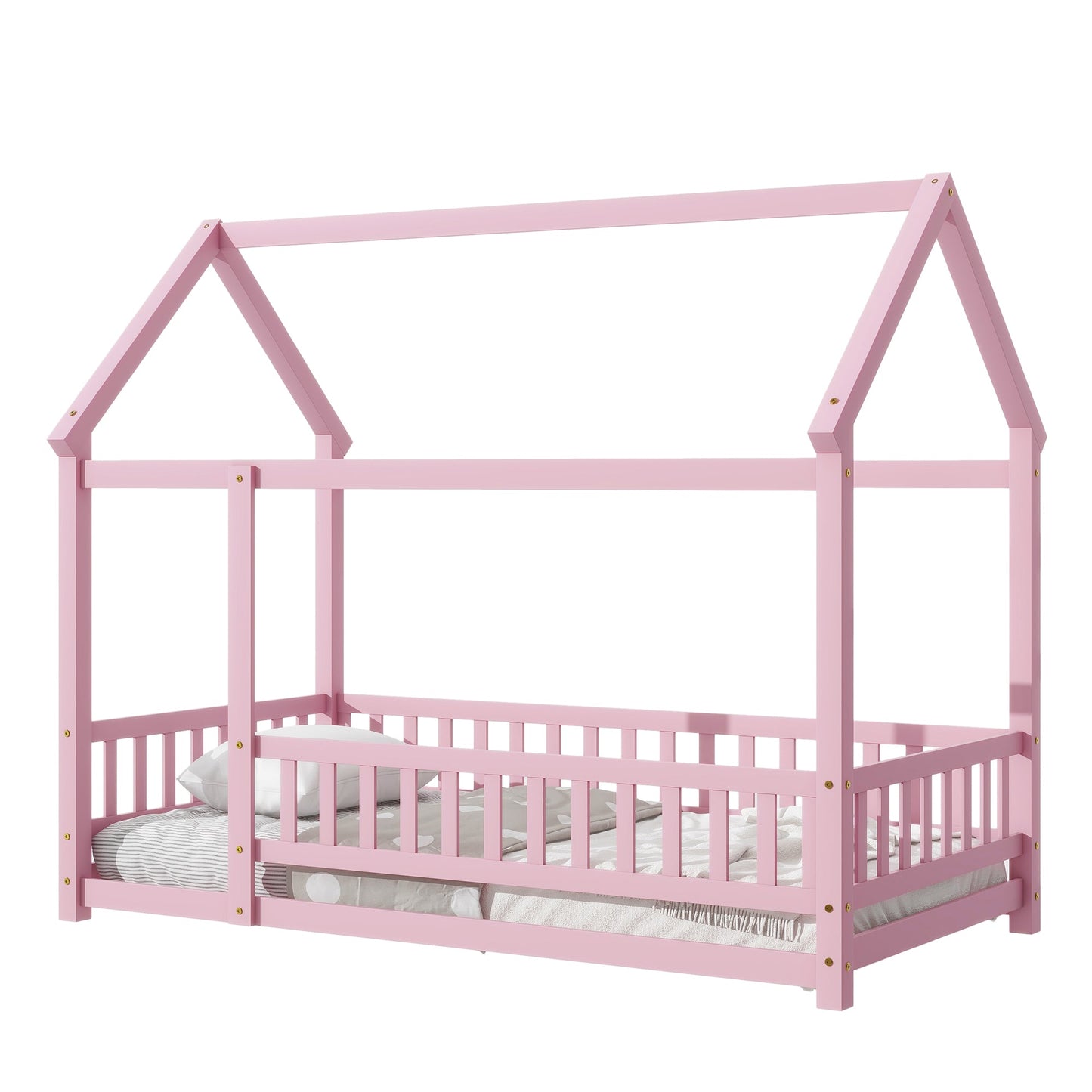 Lit double en bois avec cadre de toit en forme de maison, garde-corps de clôture, rose