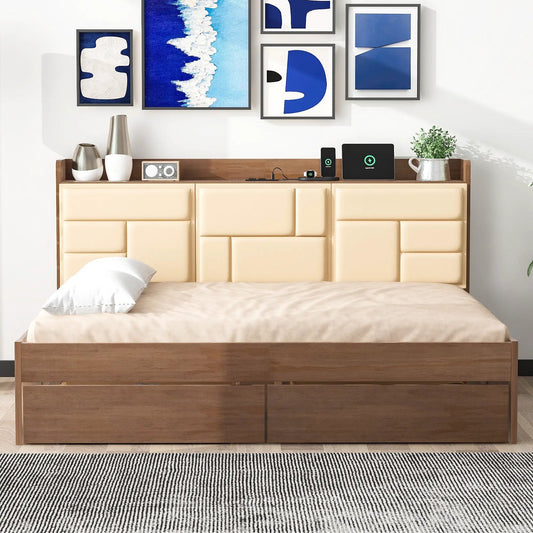 Full size wood daybed with beige upholstered panels, USB ports and drawers, contemporary storage on Tampa Home & Garden Store