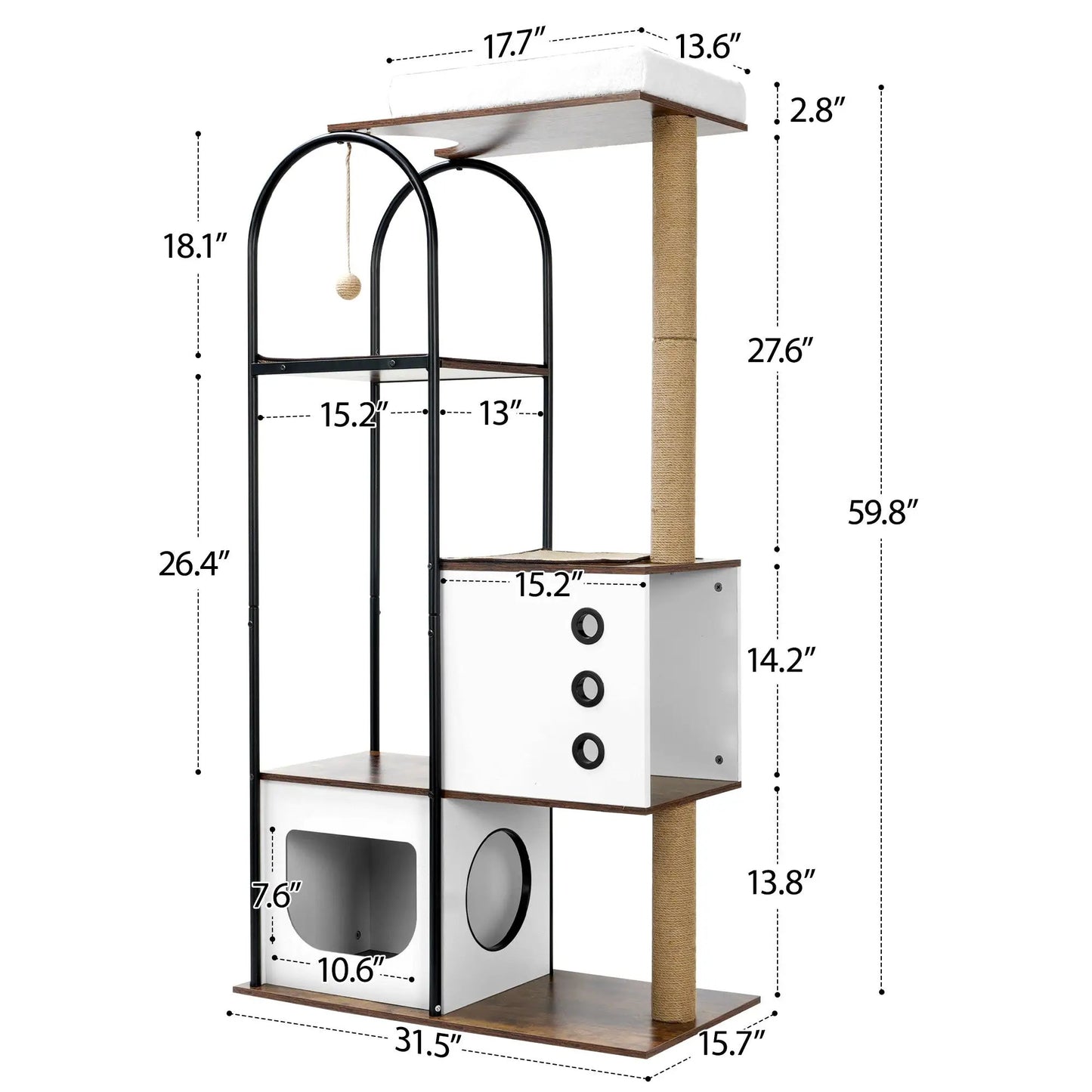 Cat Climbing Frame and Tree for Indoor Cats with white wood finish, sisal post, black arches on Tampa Home & Garden Store