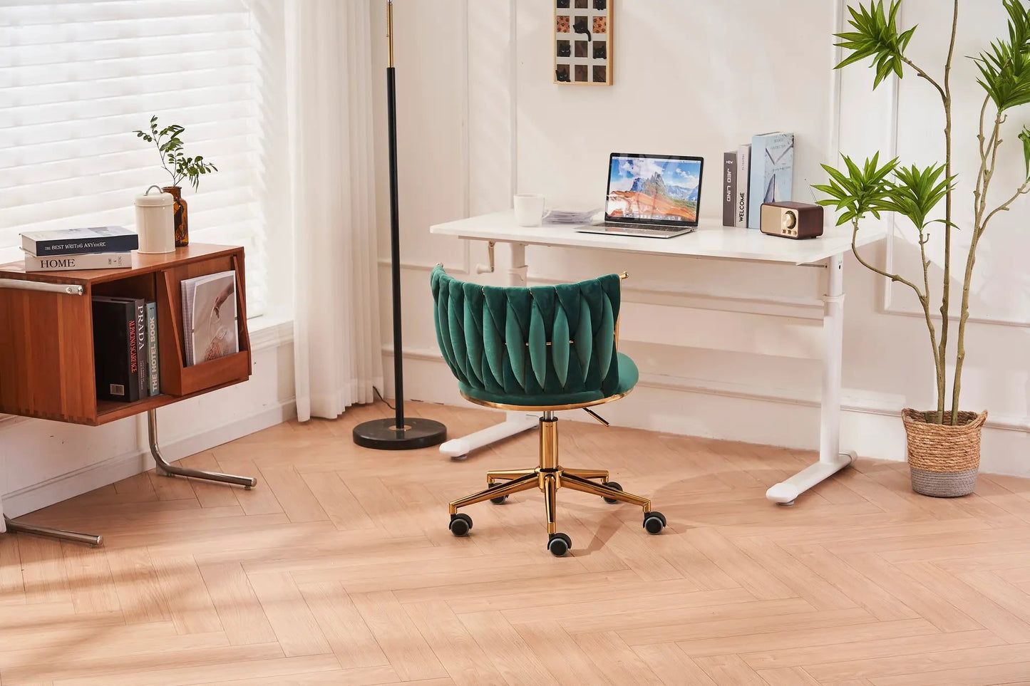 Rotating bucket chair teal velvet with gold base and caster wheels at desk on Tampa Home & Garden Store