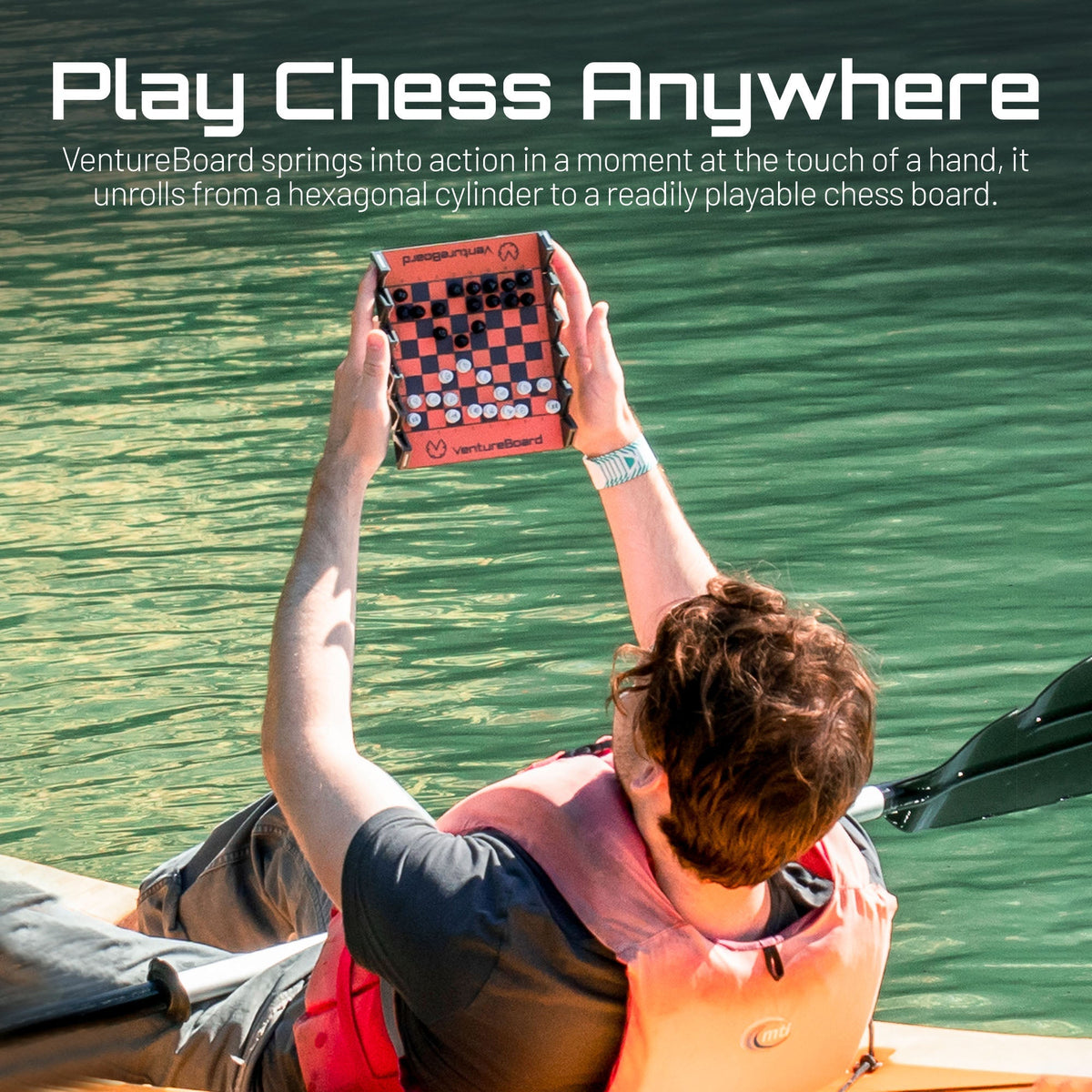 Mini Chess Skye chess set red and black checkered board VentureBoard held over water on Tampa Home & Garden Store