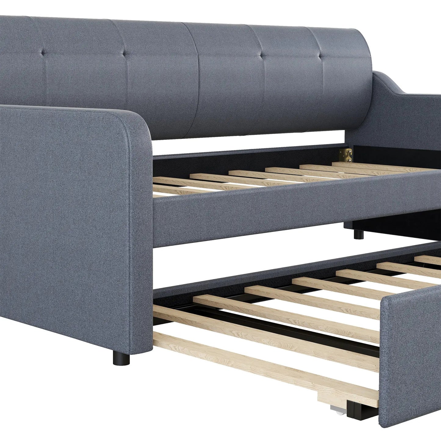 Twin size upholstered daybed in blue-gray fabric with underbed trundle and wood slats on Tampa Home & Garden Store