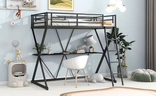 Twin size loft bed with desk, black metal frame, ladder and guardrails on Tampa Home & Garden Store