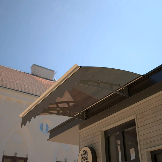 DA4734W brown door/window awning 47x34 mounted above storefront entrance on Tampa Home & Garden Store