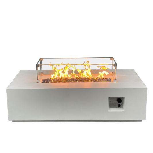 52-inch outdoor concrete fire table antique white with glass enclosure and copper-tone frame VIP Digital Presence on Tampa Home & Garden Store