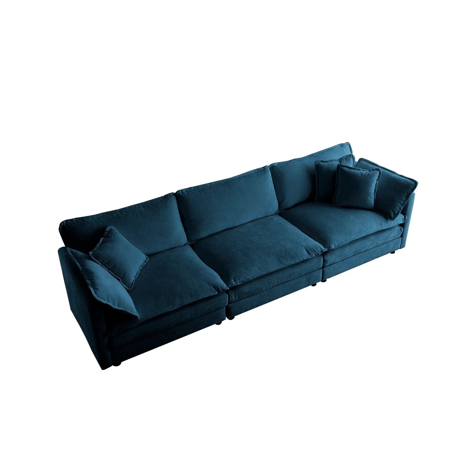 Mid Century Modern 3 Seater Sofa blue velvet with pillows on Tampa Home & Garden Store