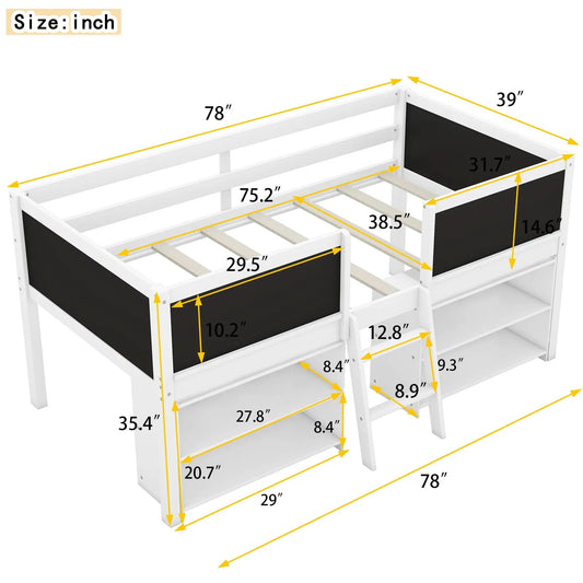 Twin size white loft bed with ladder and built-in shelves black panel accents on Tampa Home & Garden Store