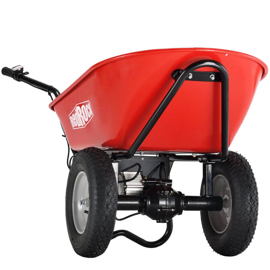 Red Rock electric wheelbarrow with black frame and rugged tires on Tampa Home & Garden Store
