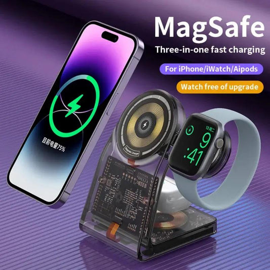 3 in 1 Wireless MagSafe Charger Dock Station with transparent chassis showing inner PCB, iPhone on MagSafe and Apple Watch on blue band on Tampa Home & Garden Store
