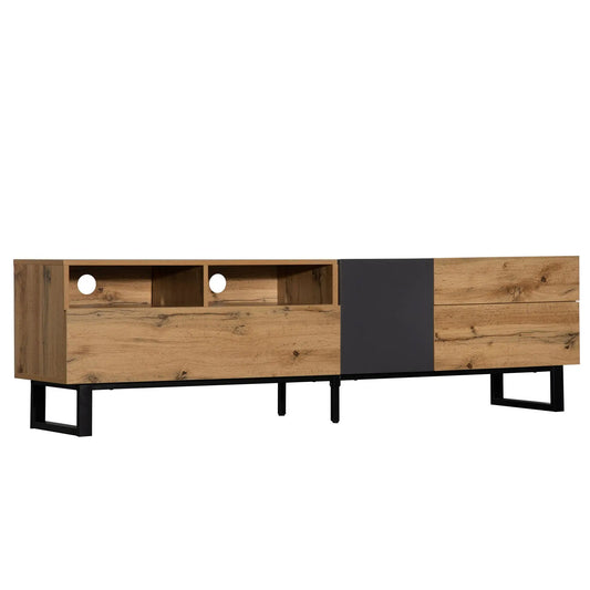 Wood veneer TV stand with open cubbies and cable holes, black metal legs for 80 inch TVs on Tampa Home & Garden Store