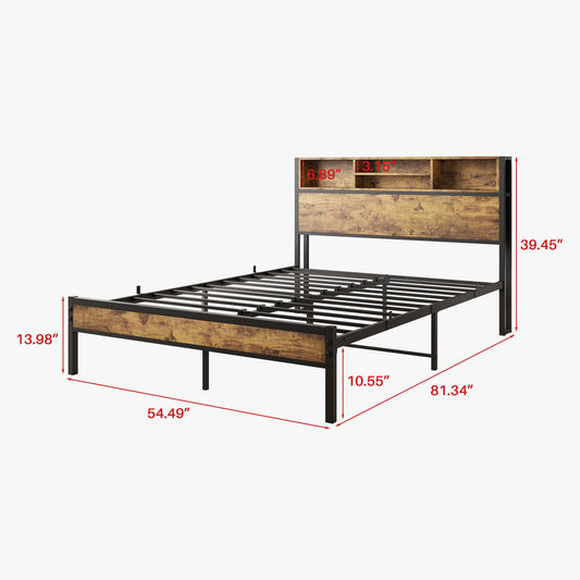 Full Size Bed Frame with Storage Headboard Metal Platform Bed with Charging Station Black