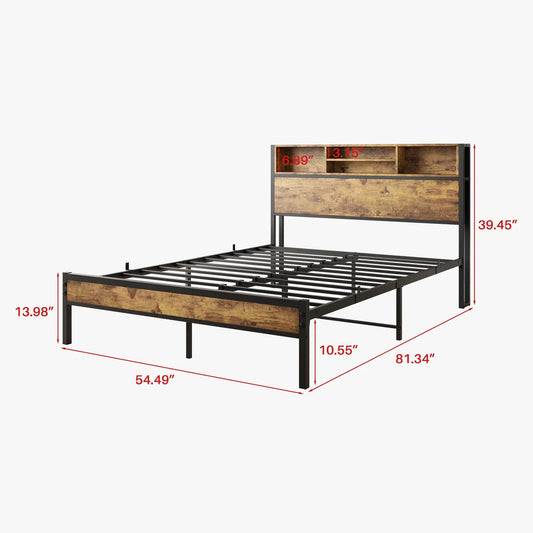 Full size bed frame with storage headboard in wood and black metal by VIP Digital Presence on Tampa Home & Garden Store
