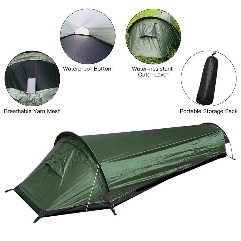 Tente de camping individuelle ultra-légère et compacte pour l'extérieur, tente de sac de couchage, espace plus grand, tente de randonnée étanche, housse de randonnée