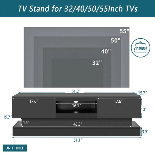 Black TV stand with LED lights, high gloss finish, 51.2in wide, fits up to 55in TVs VIP on Tampa Home & Garden Store