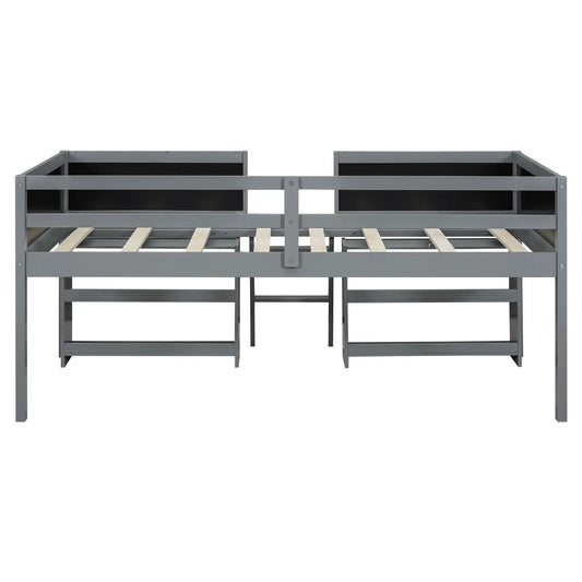 Twin size gray low loft bed frame with ladder and open shelves, metal construction on Tampa Home & Garden Store