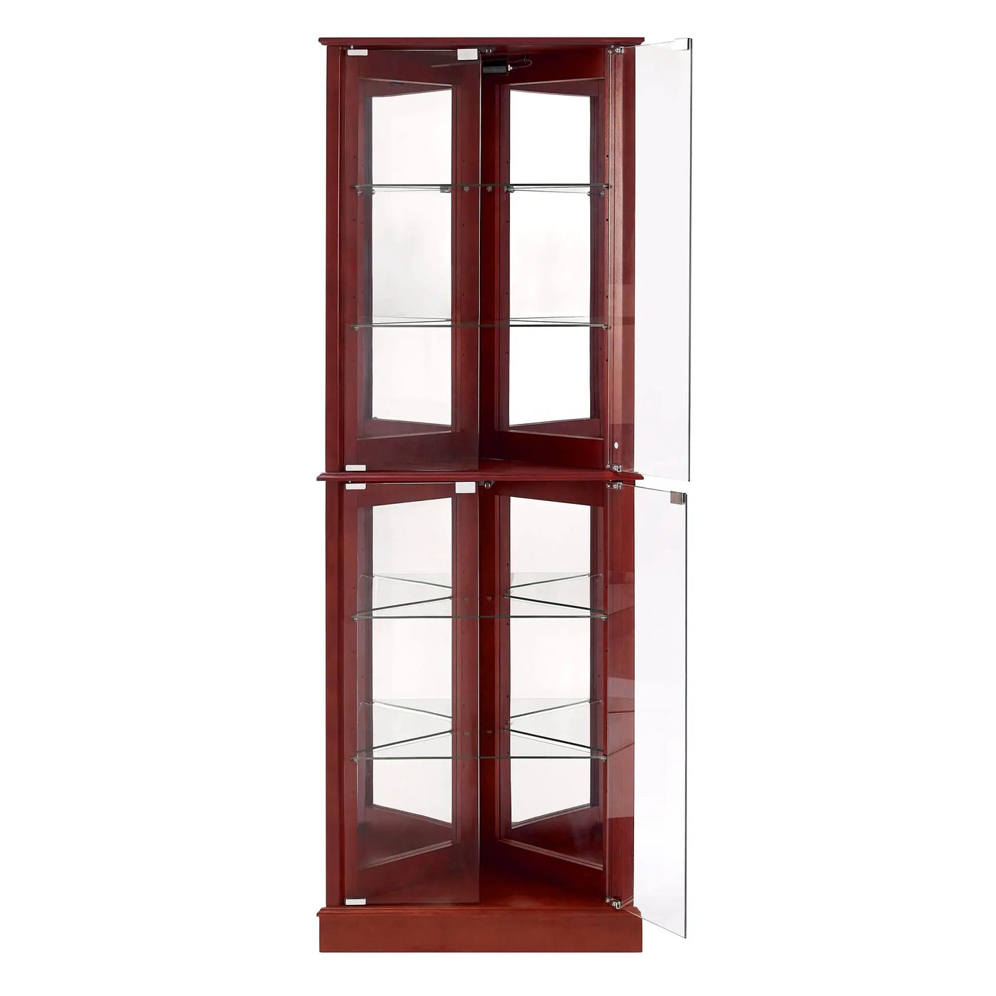 Corner curio cabinet with lights and mirror back burgundy wood glass doors and shelves on Tampa Home & Garden Store