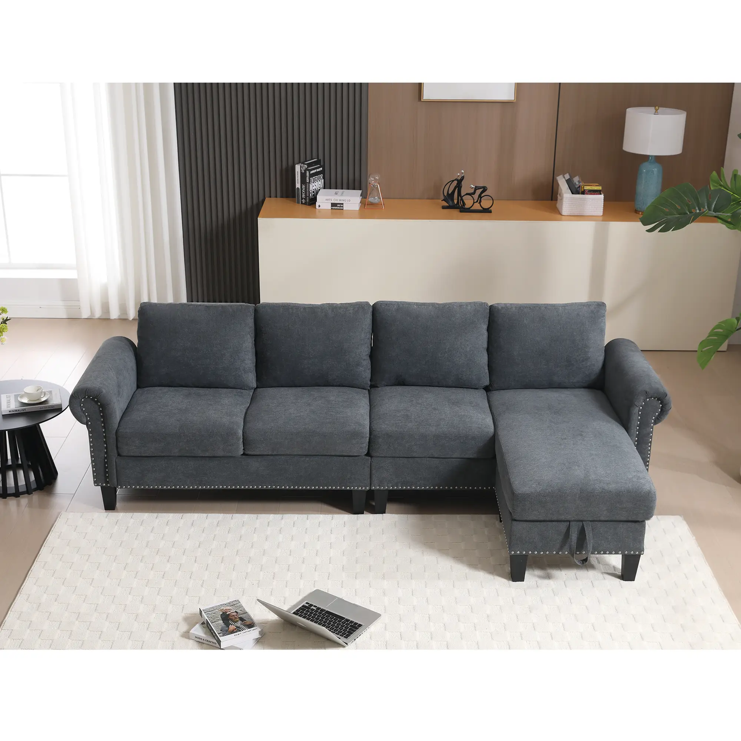 Convertible Sectional Sofa With Storage Gray fabric sofa with chaise in living room on Tampa Home & Garden Store