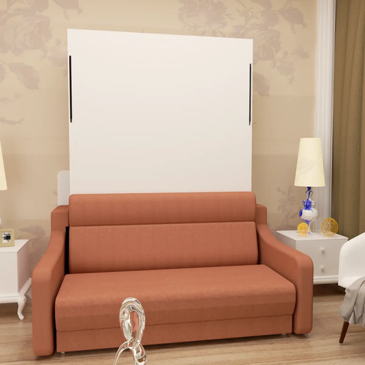 Full-size Murphy bed with cabinet behind an orange sofa in a modern living space on Tampa Home & Garden Store