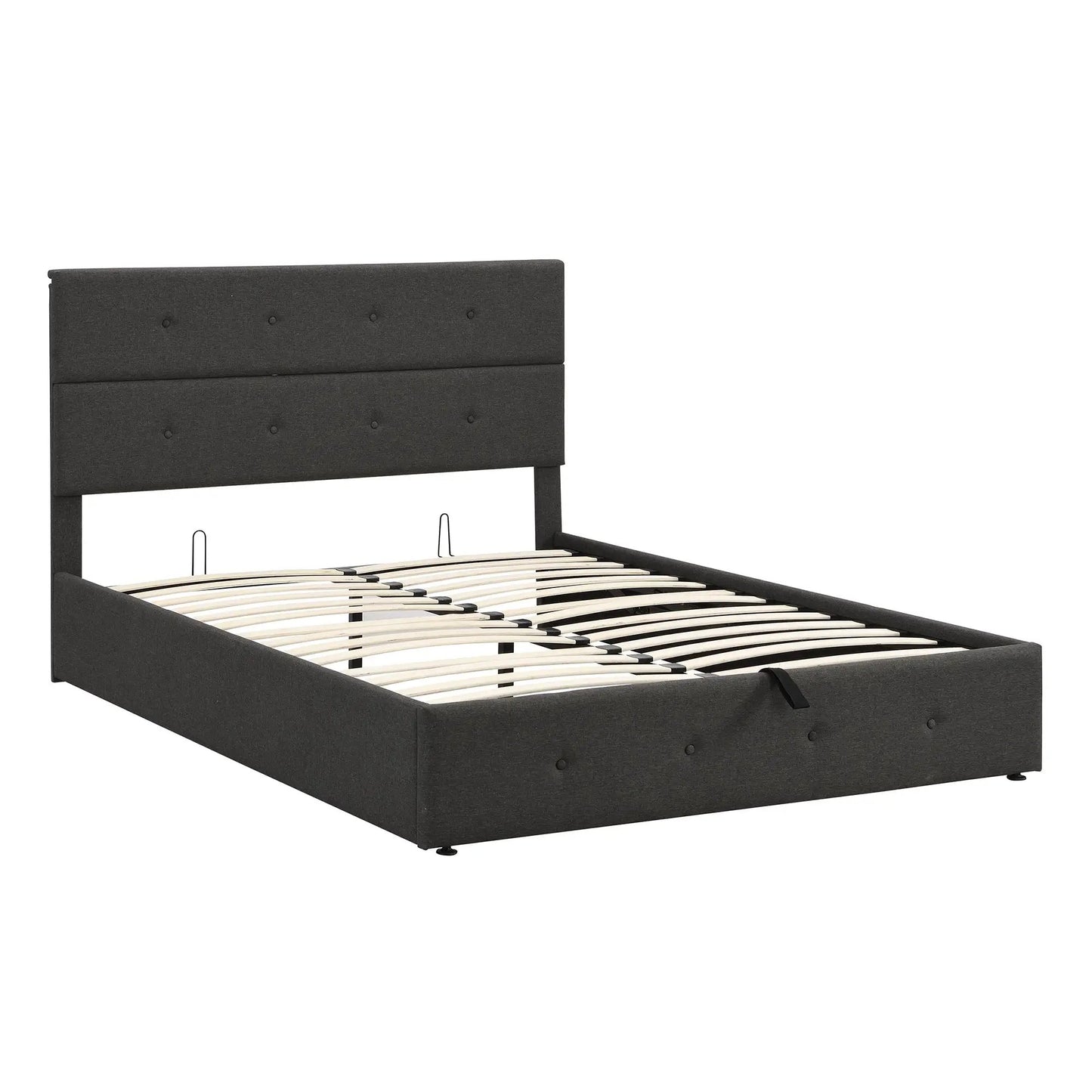 Upholstered queen platform bed in gray fabric with tufted headboard and slat base on Tampa Home & Garden Store